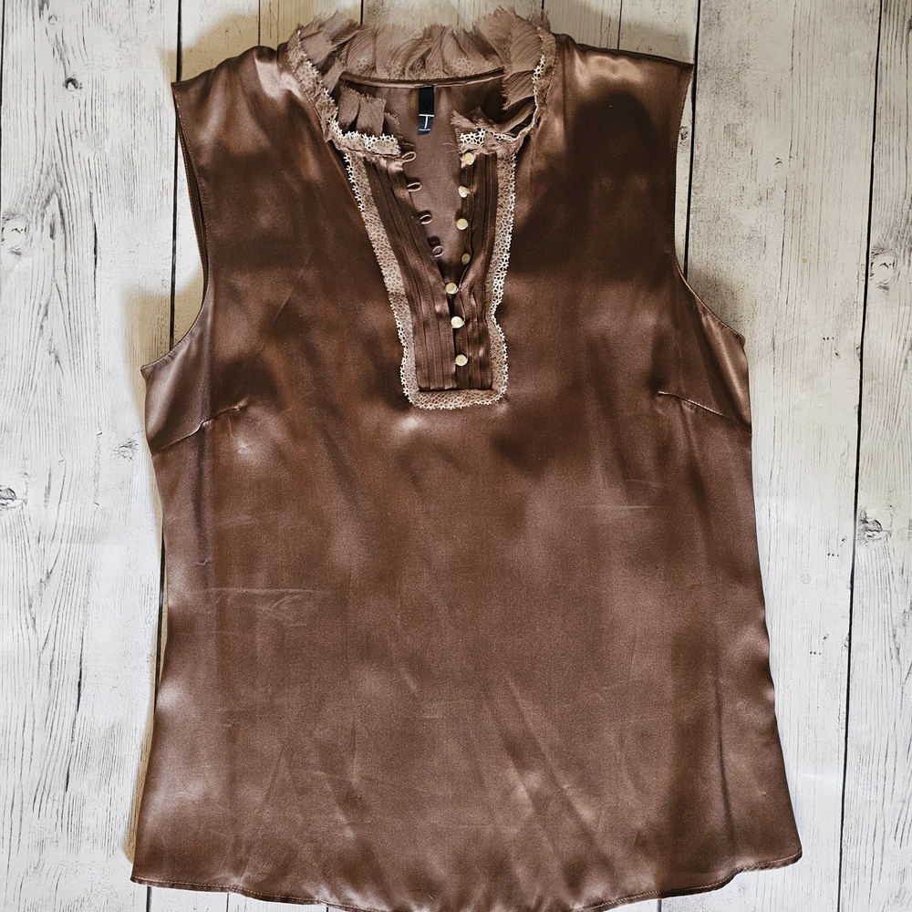 T Tahari Brown 100% Silk Sleeveless Blouse S